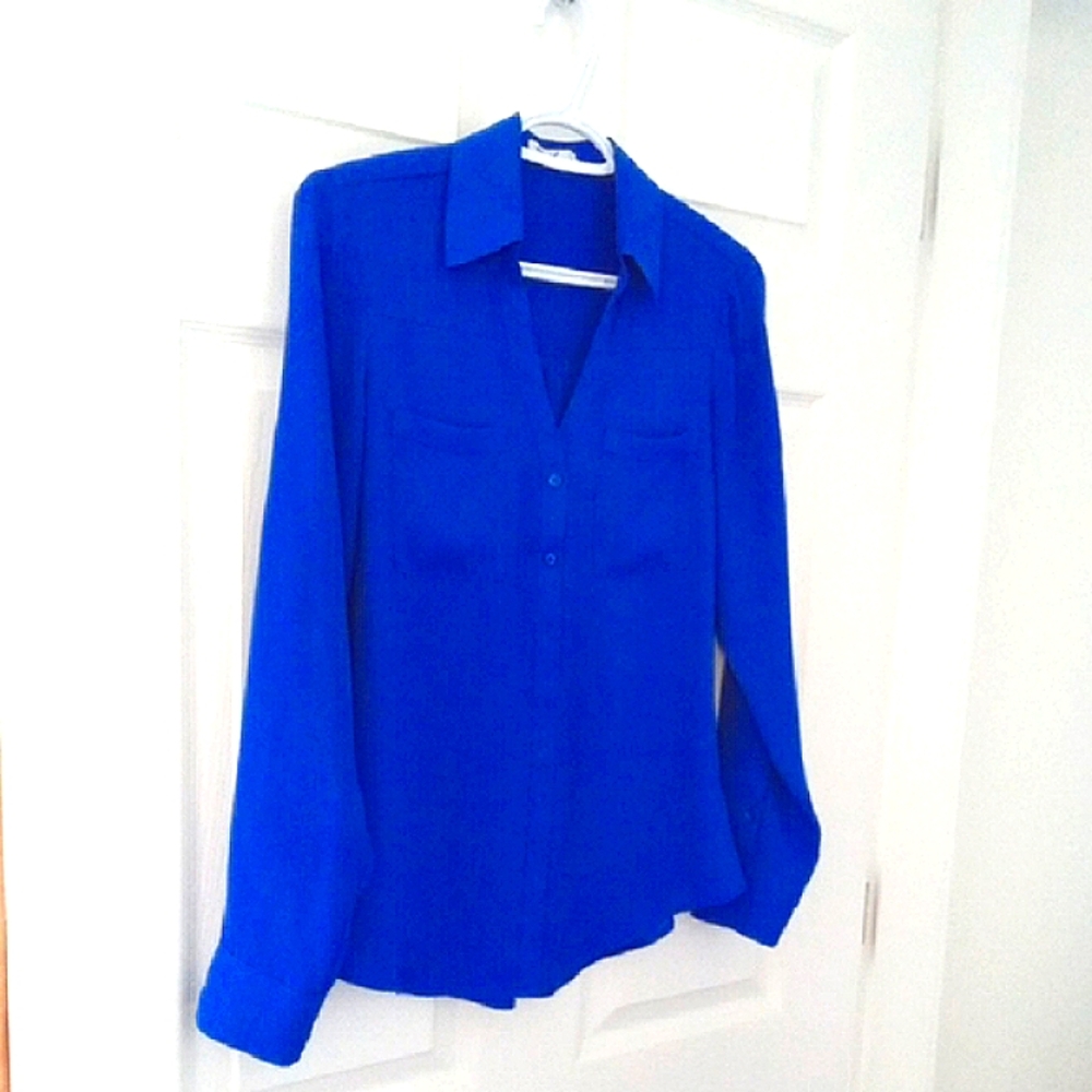 EXPRESS Portofino Women's Cerulean Blue Long Sleeve Button Down Shirt Small